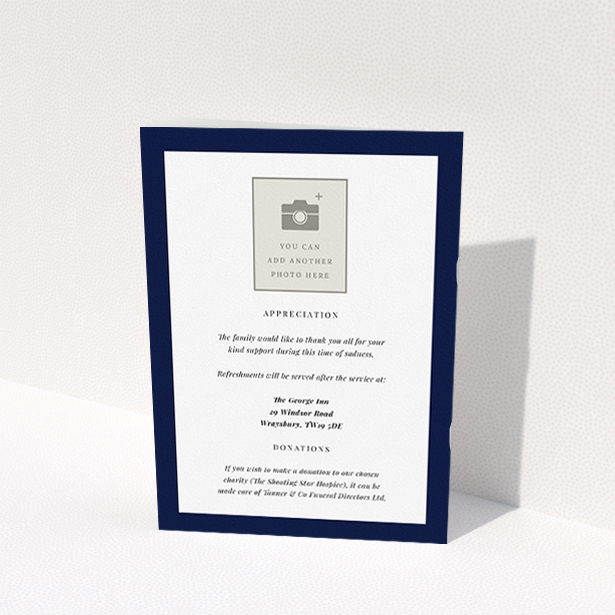 A funeral order of service named "Stoic Border. It is an A5 booklet in a portrait orientation. It is a photographic funeral order of service with room for 1 photo. "Stoic Border" is available as a folded booklet booklet, with tones of white and navy blue.