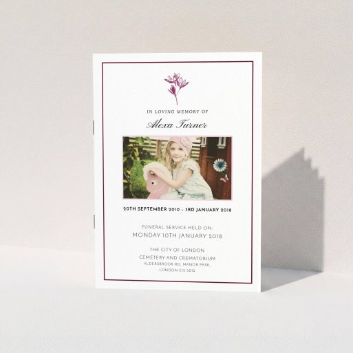 Funeral Service Program Design - "Sweetest of flowers" A funeral service program template titled "Sweetest of flowers". It is an A5 booklet in a portrait orientation. It is a photographic funeral service program with room for 1 photo. "Sweetest of flowers" is available as a folded booklet booklet, with tones of pink and white.