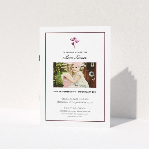 A funeral service program template titled "Sweetest of flowers". It is an A5 booklet in a portrait orientation. It is a photographic funeral service program with room for 1 photo. "Sweetest of flowers" is available as a folded booklet booklet, with tones of pink and white.