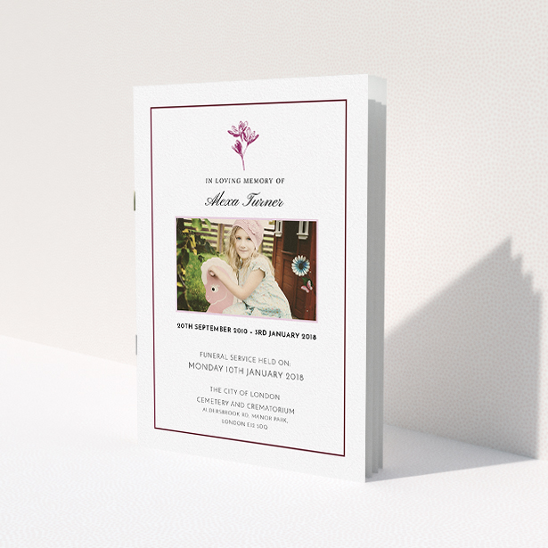 A funeral service program template titled 'Sweetest of flowers'. It is an A5 booklet in a portrait orientation. It is a photographic funeral service program with room for 1 photo. 'Sweetest of flowers' is available as a folded booklet booklet, with tones of pink and white.