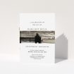 A funeral service program design titled "To the horizon". It is an A5 booklet in a portrait orientation. It is a photographic funeral service program with room for 1 photo. "To the horizon" is available as a folded booklet booklet, with tones of white and Dark gold.
