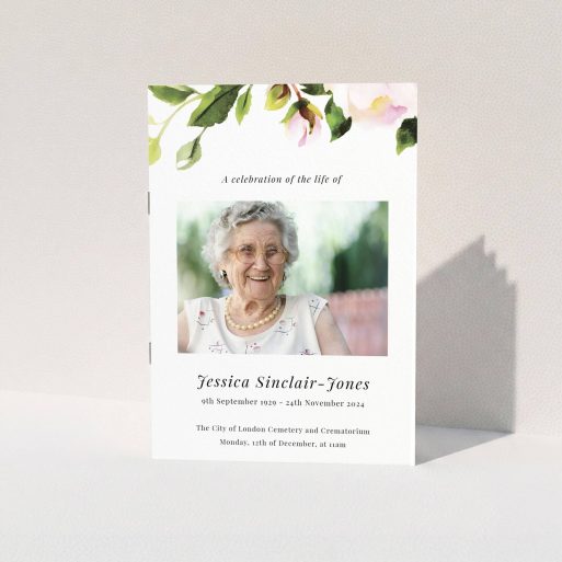 Funeral Service Program - "watercolour roses" A funeral order of service named "watercolour roses. It is an A5 booklet in a portrait orientation. It is a photographic funeral program with room for 1 photo. "watercolour roses" is available as a folded booklet booklet, with tones of white and green.