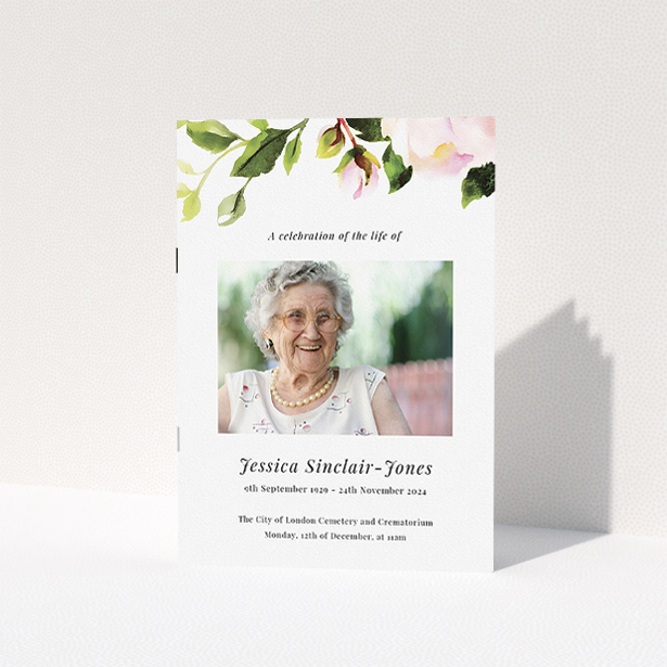 A funeral order of service named "watercolour roses. It is an A5 booklet in a portrait orientation. It is a photographic funeral program with room for 1 photo. "watercolour roses" is available as a folded booklet booklet, with tones of white and green.