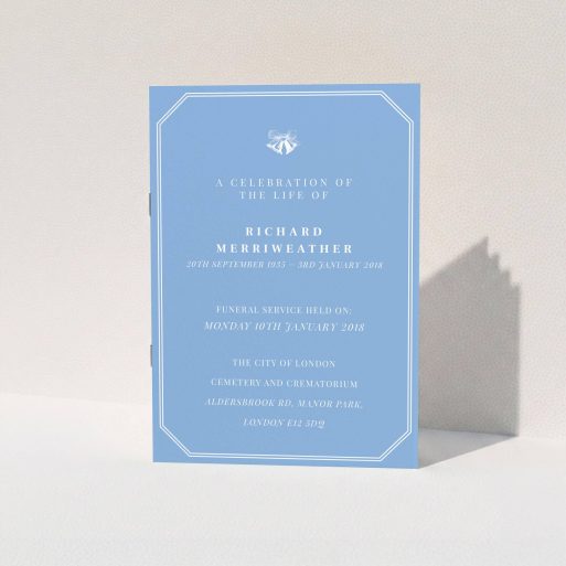 Funeral Service Program Design - "White bells" A funeral service program template titled "White bells". It is an A5 booklet in a portrait orientation. "White bells" is available as a folded booklet booklet, with tones of blue and white.