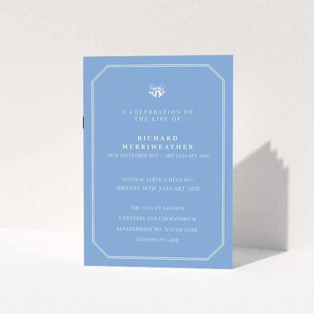 A funeral service program template titled "White bells". It is an A5 booklet in a portrait orientation. "White bells" is available as a folded booklet booklet, with tones of blue and white.
