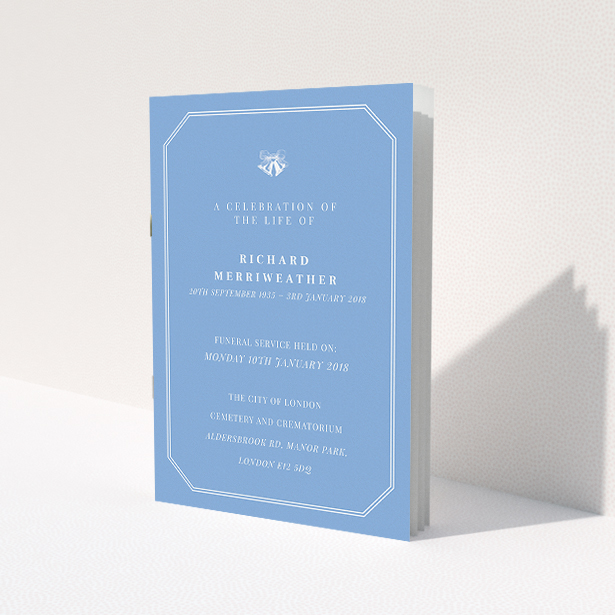 A funeral service program template titled 'White bells'. It is an A5 booklet in a portrait orientation. 'White bells' is available as a folded booklet booklet, with tones of blue and white.