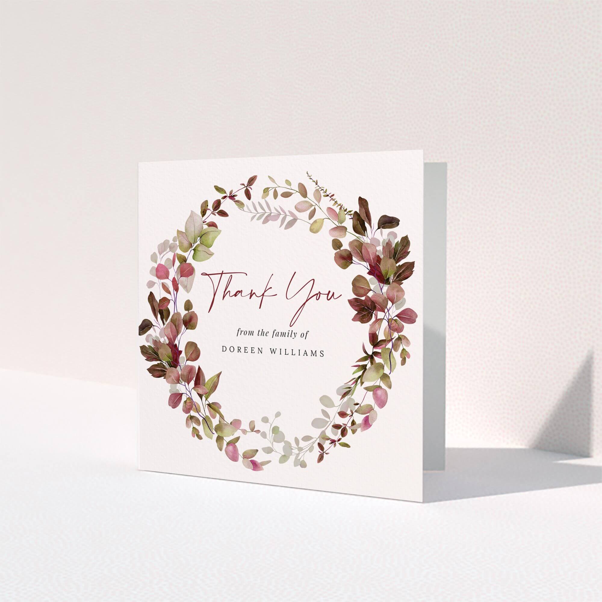 Funeral thank you card with floral wreath design and no photos