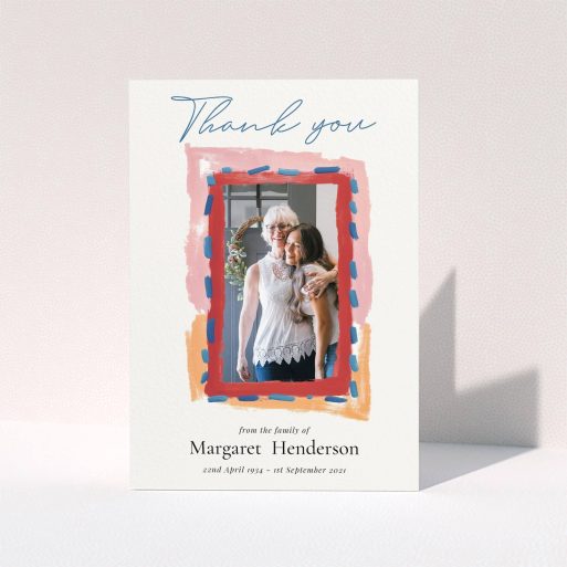 Funeral Thank You Card Funeral thank you card design with colourful border and one photo.