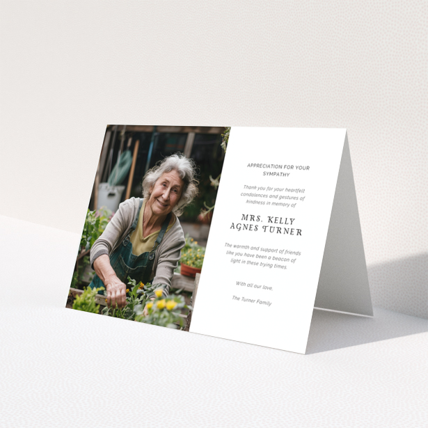 Funeral thank you card design with one photo of an elderly woman in a garden, featuring appreciation for sympathy.