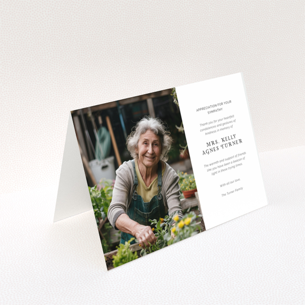 Funeral thank you card design with one photo of an elderly woman in a garden, featuring appreciation for sympathy.