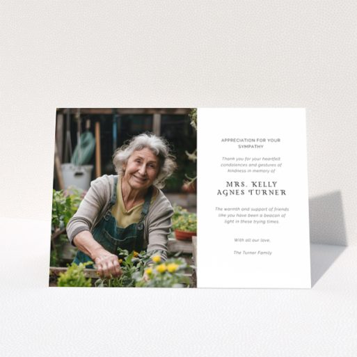 Funeral thank you card design with one photo of an elderly woman in a garden, featuring appreciation for sympathy.