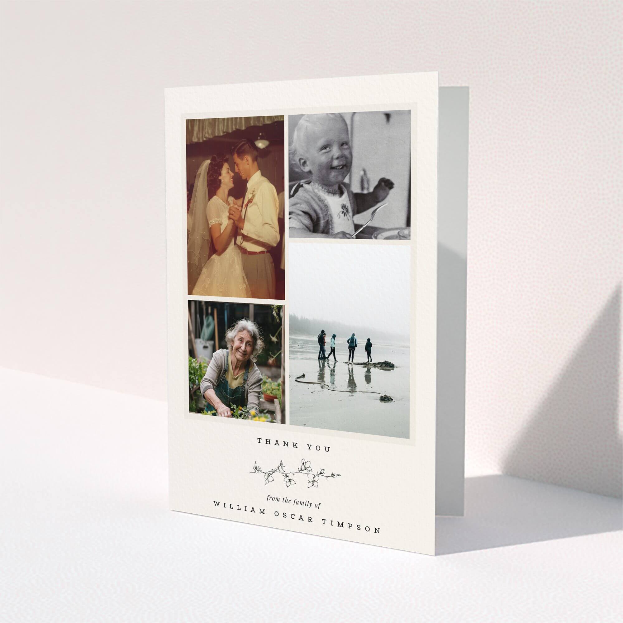Funeral thank you card design with four photos and floral decoration.