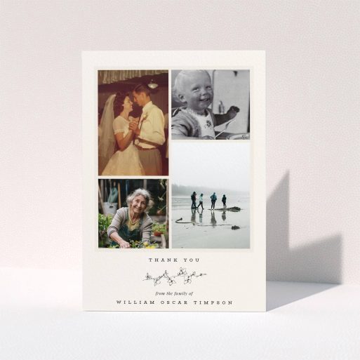 Elegant Memorial Card Funeral thank you card design with four photos and floral decoration.