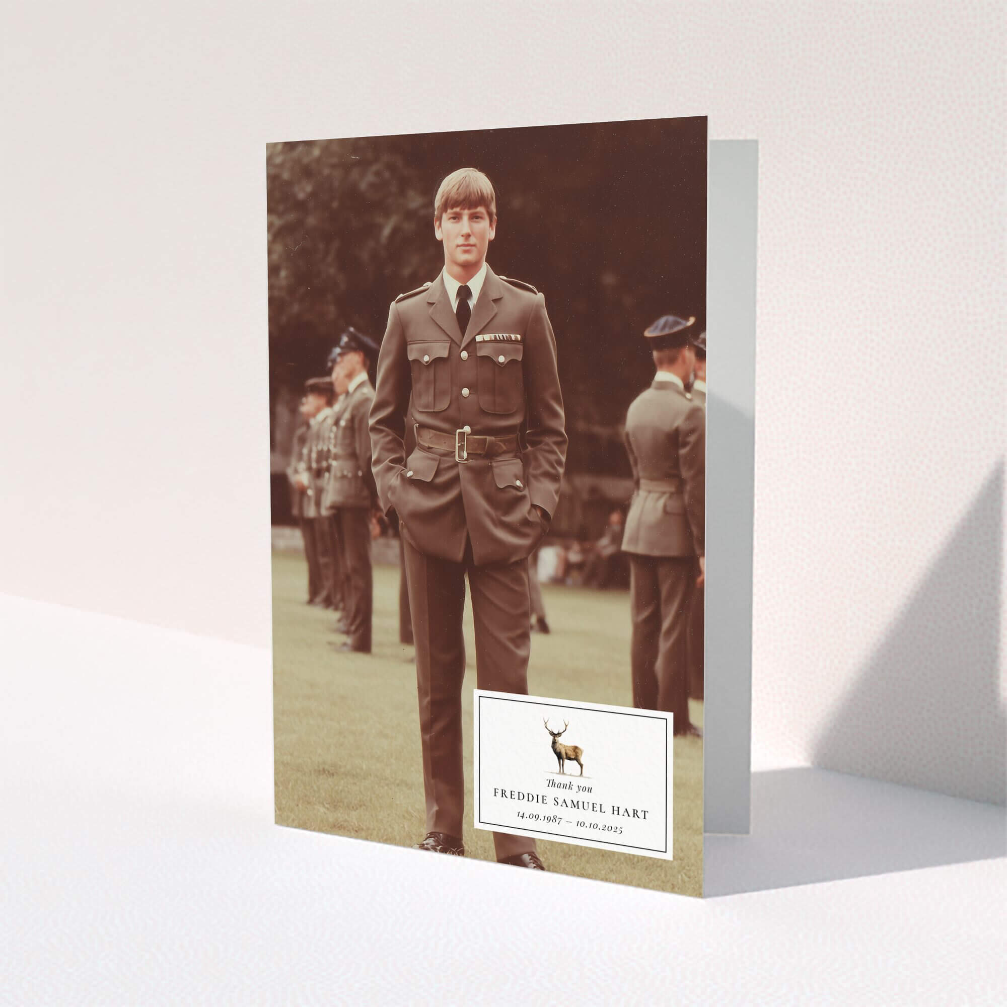 Funeral thank you card design with one photo of a man in military uniform