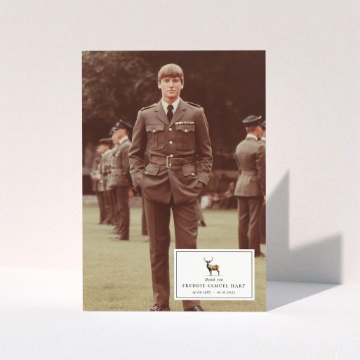 Funeral thank you card design with one photo of a man in military uniform
