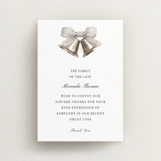 Funeral Thank You Card Design - "Bells of colour" A funeral thank you card design titled "Bells of colour". It is an A6 card in a portrait orientation. "Bells of colour" is available as a flat card, with tones of grey and white.