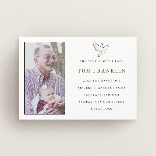 Funeral Thank You Card Design - "Bird of peace" A funeral thank you card design named "Bird of peace". It is an A6 card in a landscape orientation. It is a photographic funeral thank you card with room for 1 photo. "Bird of peace" is available as a flat card, with mainly white colouring.