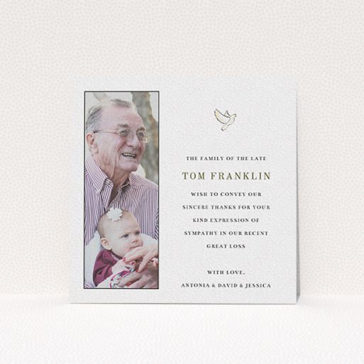 A funeral thank you card template titled "Bird of peace". It is a square (148mm x 148mm) card in a square orientation. It is a photographic funeral thank you card with room for 1 photo. "Bird of peace" is available as a flat card, with mainly white colouring.