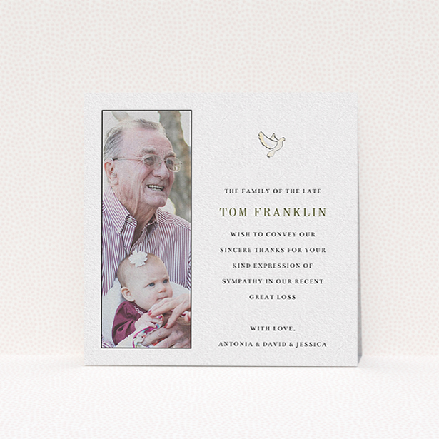 A funeral thank you card template titled "Bird of peace". It is a square (148mm x 148mm) card in a square orientation. It is a photographic funeral thank you card with room for 1 photo. "Bird of peace" is available as a flat card, with mainly white colouring.