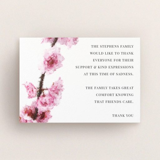 Funeral Thank You Card Design - "Blossom aslant" A funeral thank you card template titled "Blossom aslant". It is an A6 card in a landscape orientation. "Blossom aslant" is available as a flat card, with tones of pink and white.