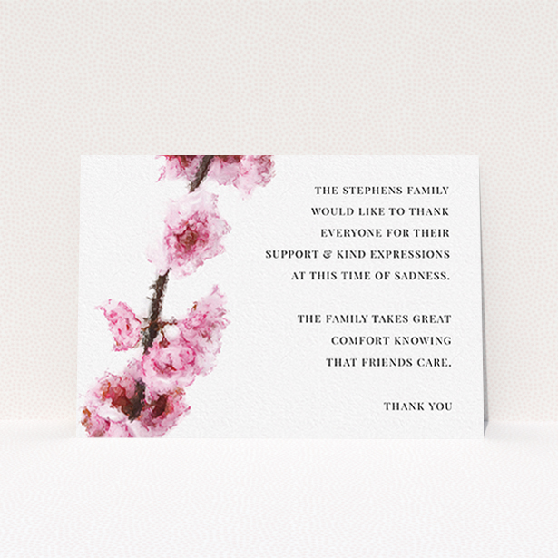 A funeral thank you card template titled "Blossom aslant". It is an A6 card in a landscape orientation. "Blossom aslant" is available as a flat card, with tones of pink and white.