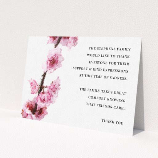 A funeral thank you card template titled 'Blossom aslant'. It is an A6 card in a landscape orientation. 'Blossom aslant' is available as a flat card, with tones of pink and white.