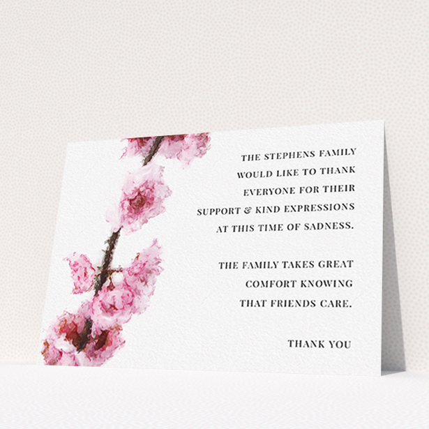 A funeral thank you card template titled "Blossom aslant". It is an A6 card in a landscape orientation. "Blossom aslant" is available as a flat card, with tones of pink and white.