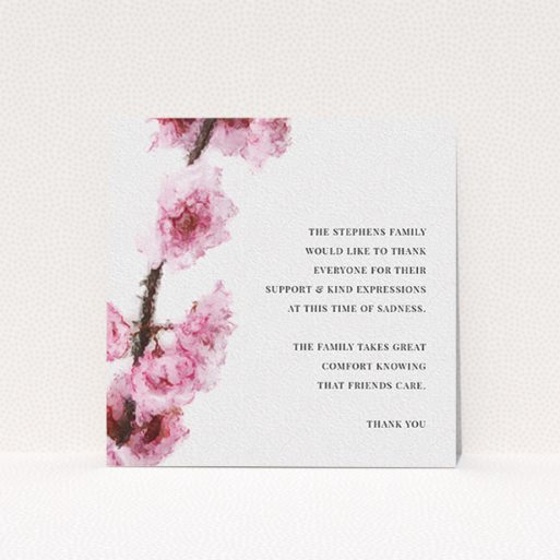 A funeral thank you card template titled "Blossom aslant". It is a square (148mm x 148mm) card in a square orientation. "Blossom aslant" is available as a flat card, with tones of pink and white.
