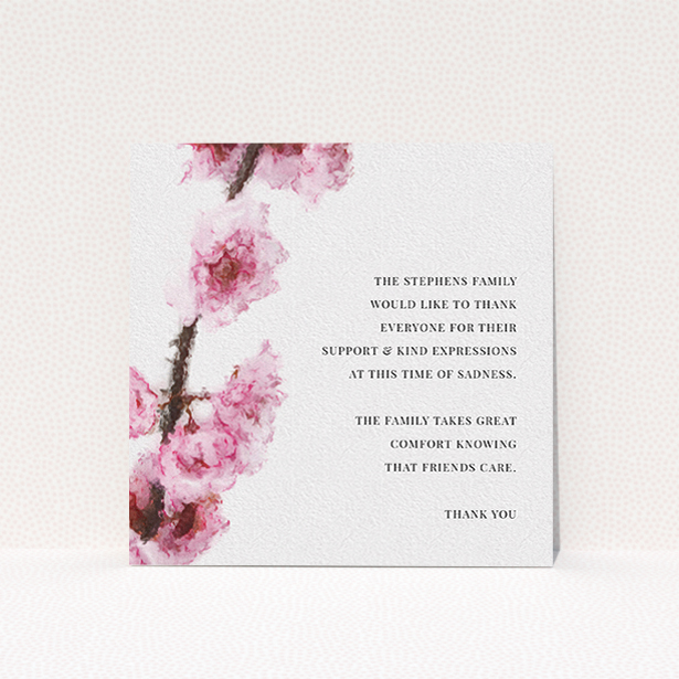 A funeral thank you card template titled "Blossom aslant". It is a square (148mm x 148mm) card in a square orientation. "Blossom aslant" is available as a flat card, with tones of pink and white.