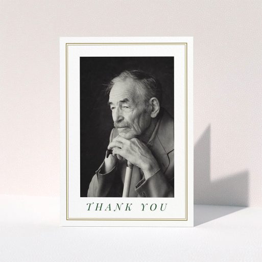 Funeral Thank You Card Design - "Classic remembrance" A funeral thank you card template titled "Classic remembrance". It is an A5 card in a portrait orientation. It is a photographic funeral thank you card with room for 1 photo. "Classic remembrance" is available as a folded card, with mainly gold colouring.