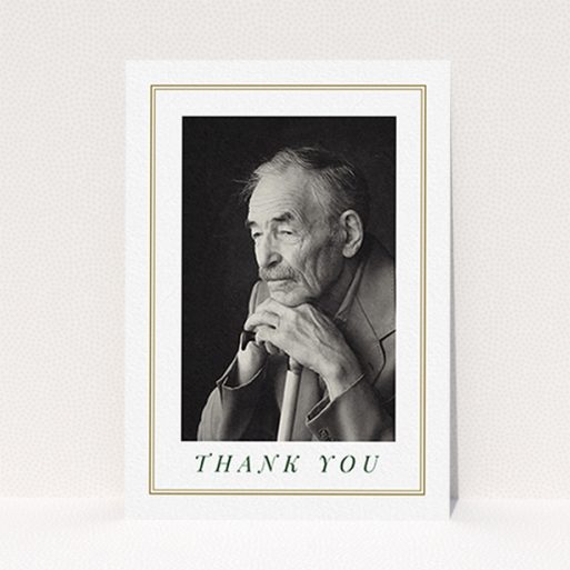 A funeral thank you card design named "Classic remembrance". It is an A6 card in a portrait orientation. It is a photographic funeral thank you card with room for 1 photo. "Classic remembrance" is available as a flat card, with mainly gold colouring.