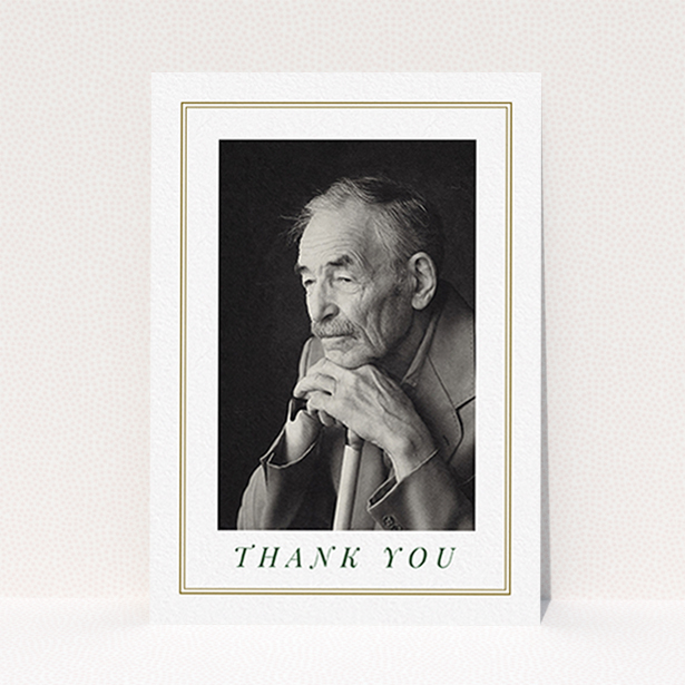 A funeral thank you card design named "Classic remembrance". It is an A6 card in a portrait orientation. It is a photographic funeral thank you card with room for 1 photo. "Classic remembrance" is available as a flat card, with mainly gold colouring.