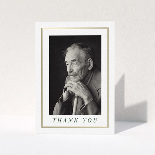 A funeral thank you card design named "Classic remembrance". It is an A6 card in a portrait orientation. It is a photographic funeral thank you card with room for 1 photo. "Classic remembrance" is available as a folded card, with mainly gold colouring.