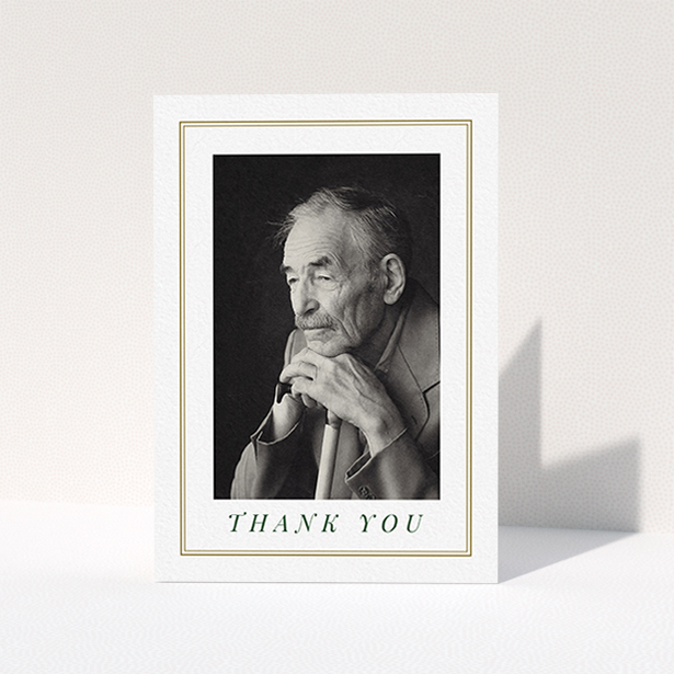 A funeral thank you card design named "Classic remembrance". It is an A6 card in a portrait orientation. It is a photographic funeral thank you card with room for 1 photo. "Classic remembrance" is available as a folded card, with mainly gold colouring.