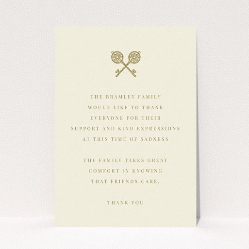 A funeral thank you card called "Cross Keys". It is an A5 card in a portrait orientation. "Cross Keys" is available as a flat card, with tones of cream and gold.
