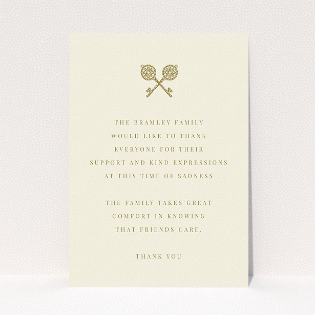 A funeral thank you card called "Cross Keys". It is an A5 card in a portrait orientation. "Cross Keys" is available as a flat card, with tones of cream and gold.