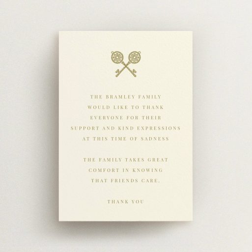 Funeral Thank You Card Design - "Cross Keys" A funeral thank you card design called "Cross Keys". It is an A6 card in a portrait orientation. "Cross Keys" is available as a flat card, with tones of cream and gold.