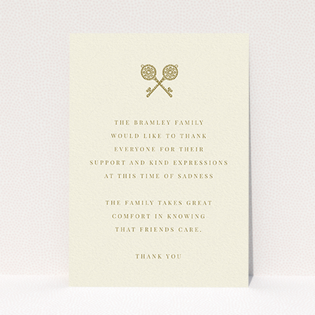 A funeral thank you card design called "Cross Keys". It is an A6 card in a portrait orientation. "Cross Keys" is available as a flat card, with tones of cream and gold.