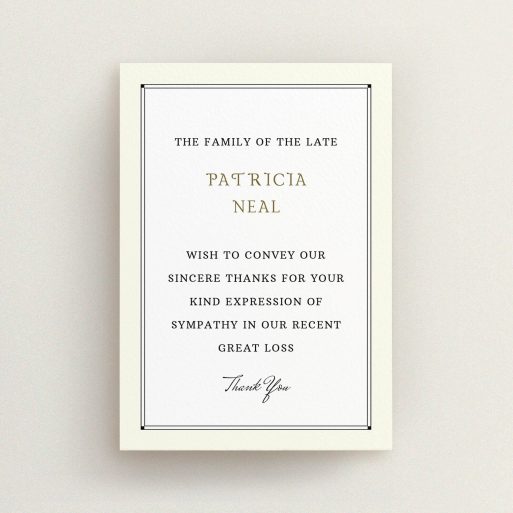 Funeral Thank You Card Design - "Deco cream" A funeral thank you card design titled "Deco cream". It is an A6 card in a portrait orientation. "Deco cream" is available as a flat card, with mainly cream colouring.