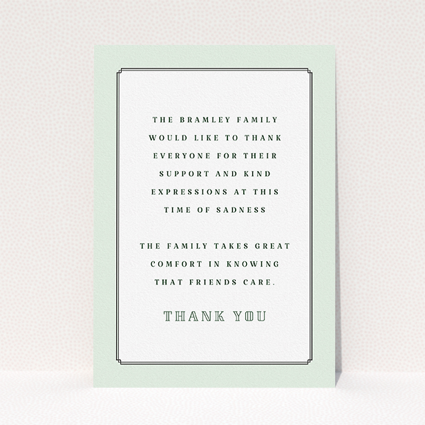 A funeral thank you card design called "Decrement". It is an A5 card in a portrait orientation. "Decrement" is available as a flat card, with tones of green and white.
