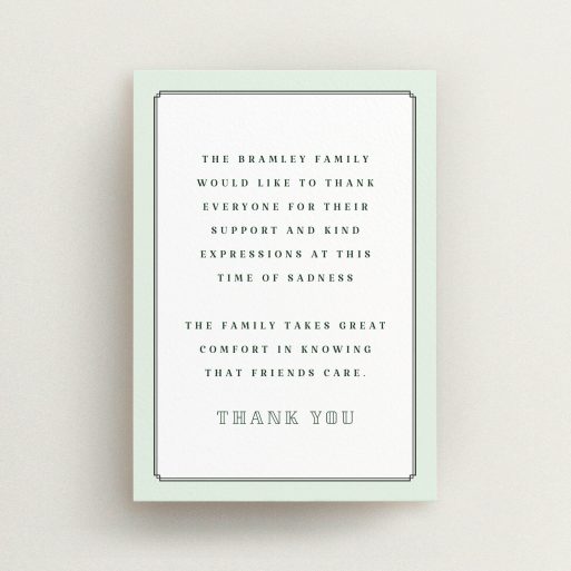 Funeral Thank You Card Design - "Decrement" A funeral thank you card design named "Decrement". It is an A6 card in a portrait orientation. "Decrement" is available as a flat card, with tones of green and white.
