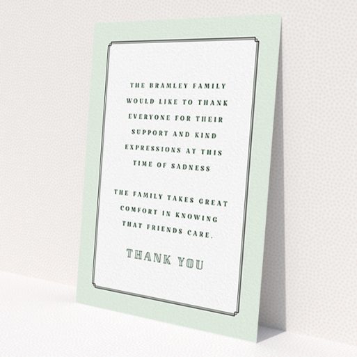 A funeral thank you card design named 'Decrement'. It is an A6 card in a portrait orientation. 'Decrement' is available as a flat card, with tones of green and white.