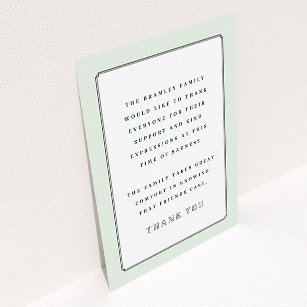 A funeral thank you card design named "Decrement". It is an A6 card in a portrait orientation. "Decrement" is available as a flat card, with tones of green and white.