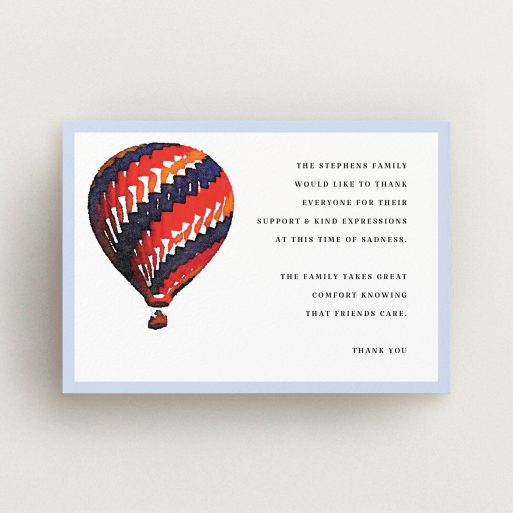 Funeral Thank You Card Design - "Drifting away" A funeral thank you card design called "Drifting away". It is an A6 card in a landscape orientation. "Drifting away" is available as a flat card, with tones of blue, red and navy blue.
