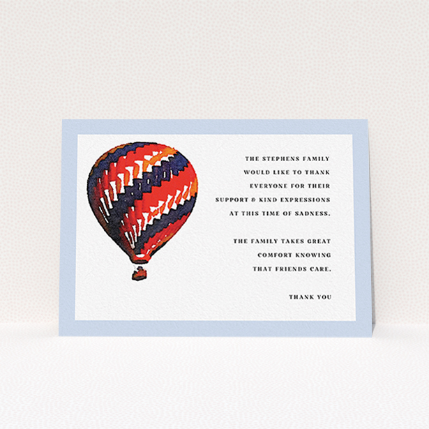 A funeral thank you card design called "Drifting away". It is an A6 card in a landscape orientation. "Drifting away" is available as a flat card, with tones of blue, red and navy blue.