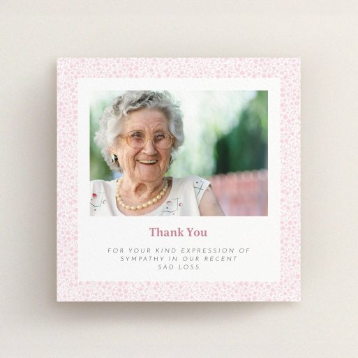 Funeral Thank You Card Design - "Floral Remembrance" A funeral thank you card design titled "Floral Remembrance". It is a square (148mm x 148mm) card in a square orientation. It is a photographic funeral thank you card with room for 1 photo. "Floral Remembrance" is available as a flat card, with tones of pink and white.