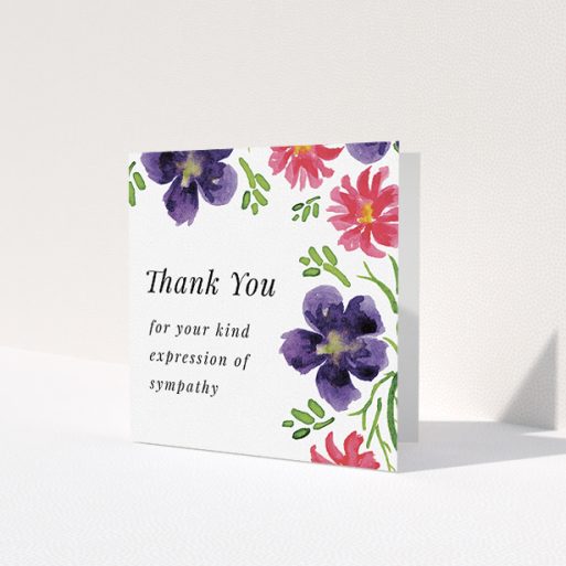 A funeral thank you card design called 'Flowers encroaching'. It is a square (148mm x 148mm) card in a square orientation. 'Flowers encroaching' is available as a folded card, with tones of white and dark purple.