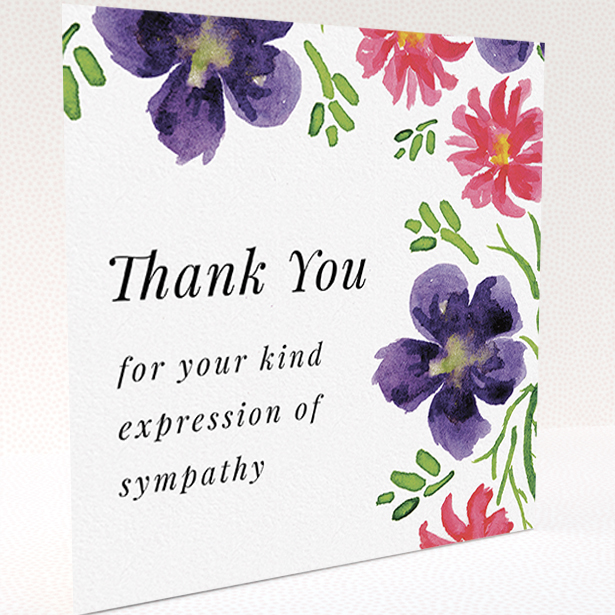 A funeral thank you card design called "Flowers encroaching". It is a square (148mm x 148mm) card in a square orientation. "Flowers encroaching" is available as a folded card, with tones of white and dark purple.