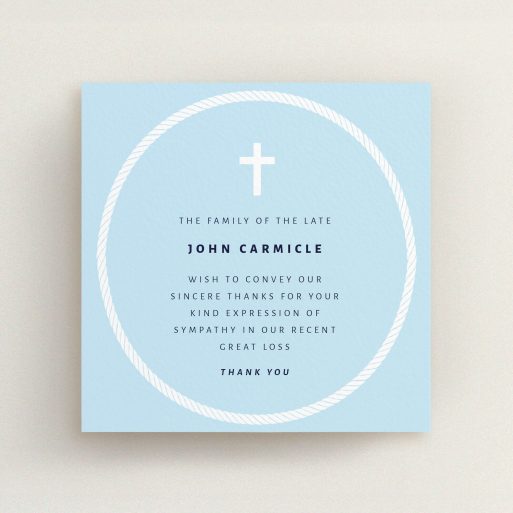 Funeral Thank You Card Design - "Full Circle" A funeral thank you card named "Full Circle". It is a square (148mm x 148mm) card in a square orientation. "Full Circle" is available as a flat card, with tones of blue and white.