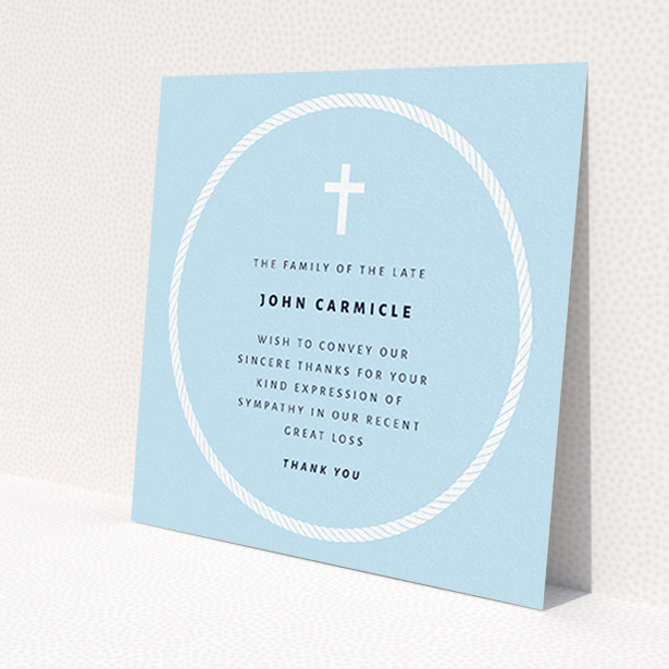 A funeral thank you card named "Full Circle". It is a square (148mm x 148mm) card in a square orientation. "Full Circle" is available as a flat card, with tones of blue and white.